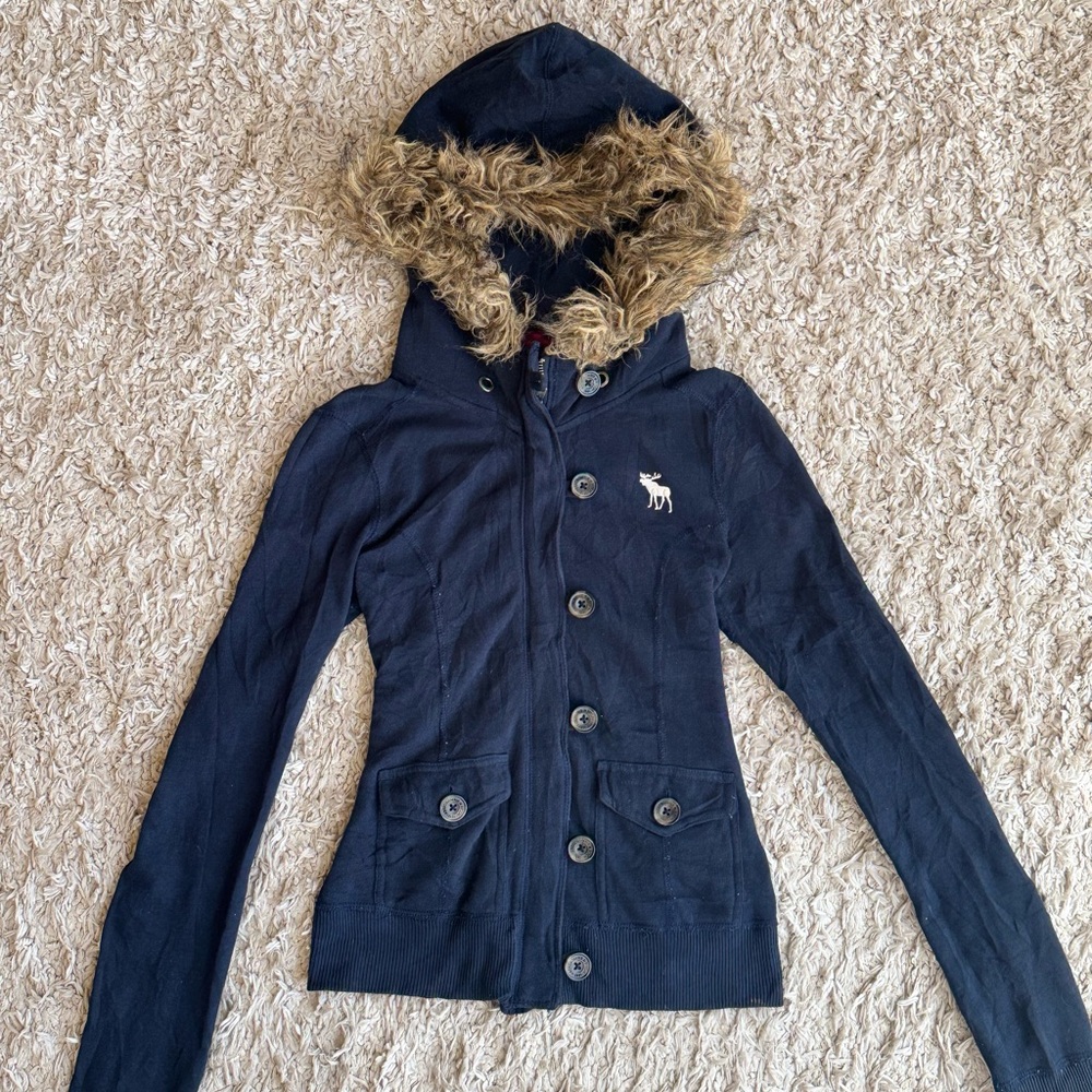 Abercrombie & Fitch Navy Jacket with Faux Fur Hood